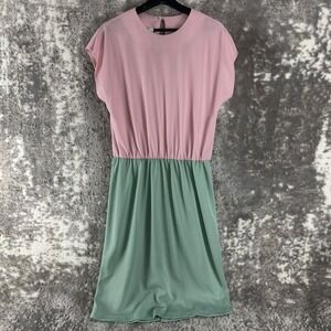 CB Size 12 Vintage Colorblock Elastic Waist Midi Dress Pink Green Short Sleeve